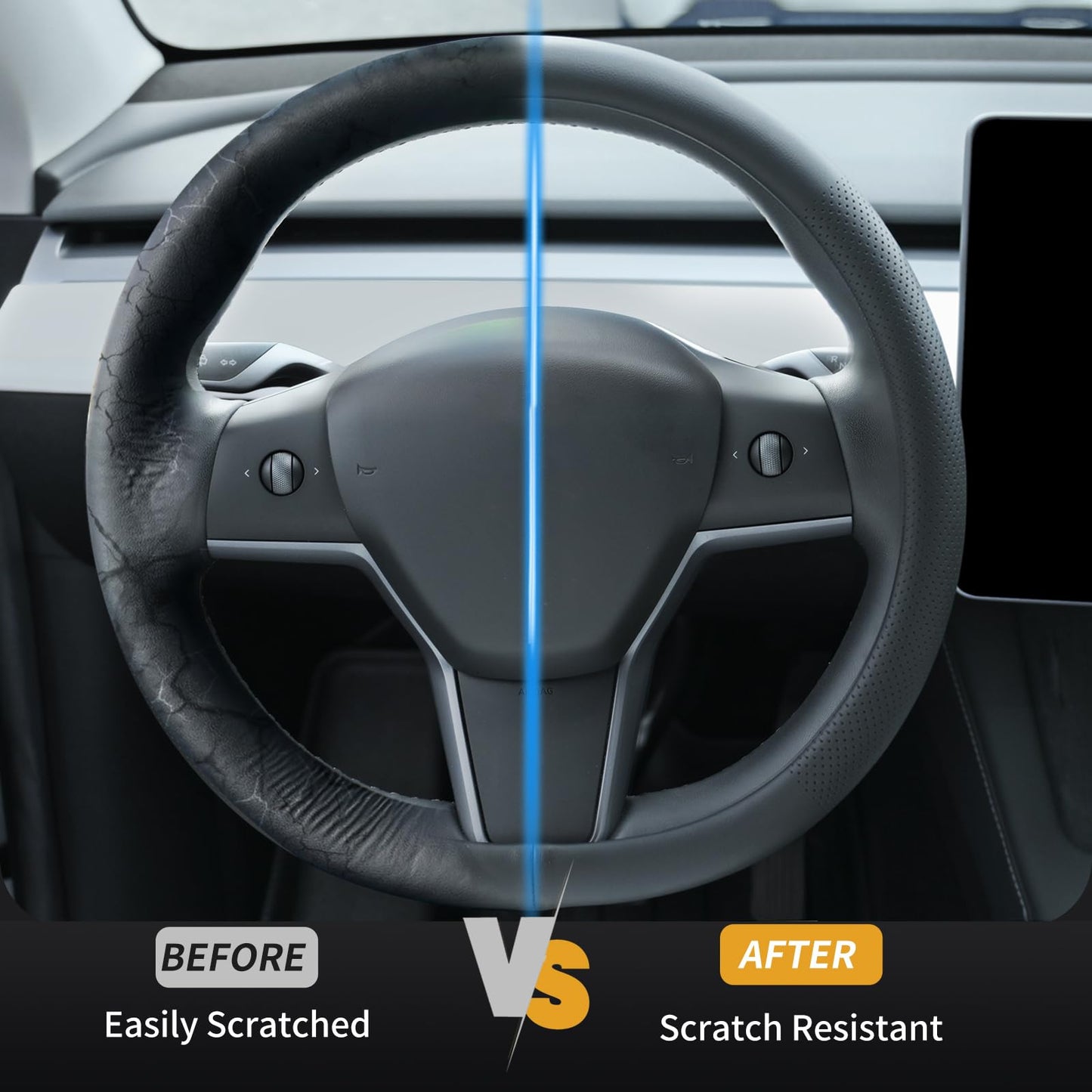Uxcer Nappa Leather Steering Wheel Cover Compatible with Tesla Model 3/Y 2016-2025 2026 Juniper/Highland, Non-Slip Breathable Tesla Model 3/Y Steering Wheel Protector, White