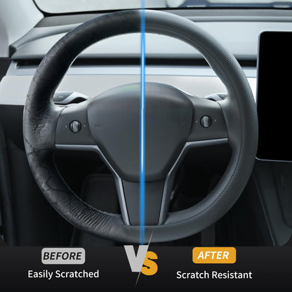 Uxcer Nappa Leather Steering Wheel Cover Compatible with Tesla Model 3/Y 2016-2025 2026 Juniper/Highland, Non-Slip Breathable Tesla Model 3/Y Steering Wheel Protector, White