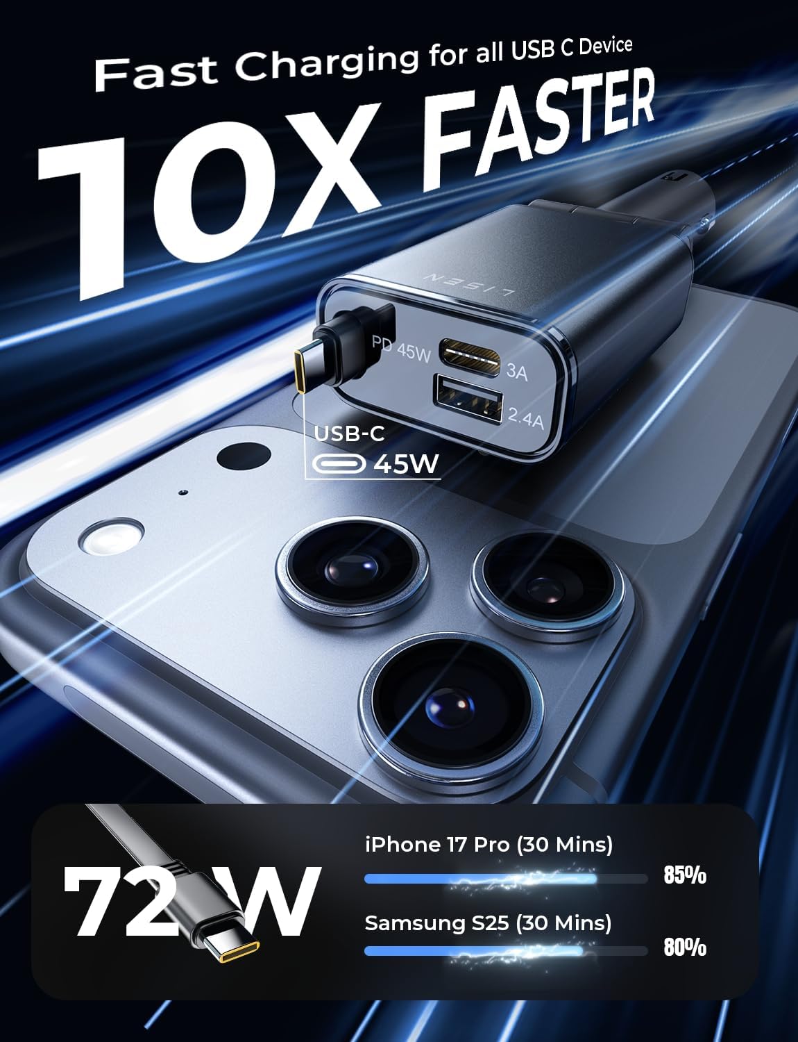 LISEN 72W Retractable Car Charger Ultra-Compact USBC Fast Car Charger