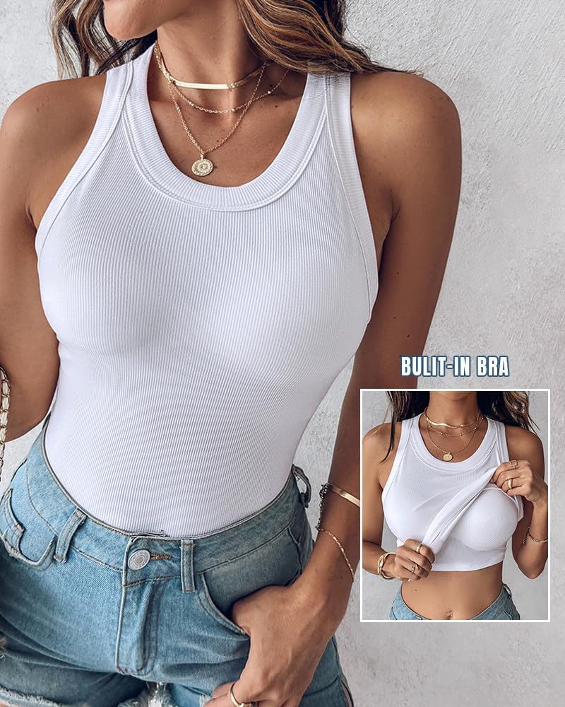 CHICME Women Built-in Bra Tank Tops Sleeveless Racerback Ribbed Fitted Tops