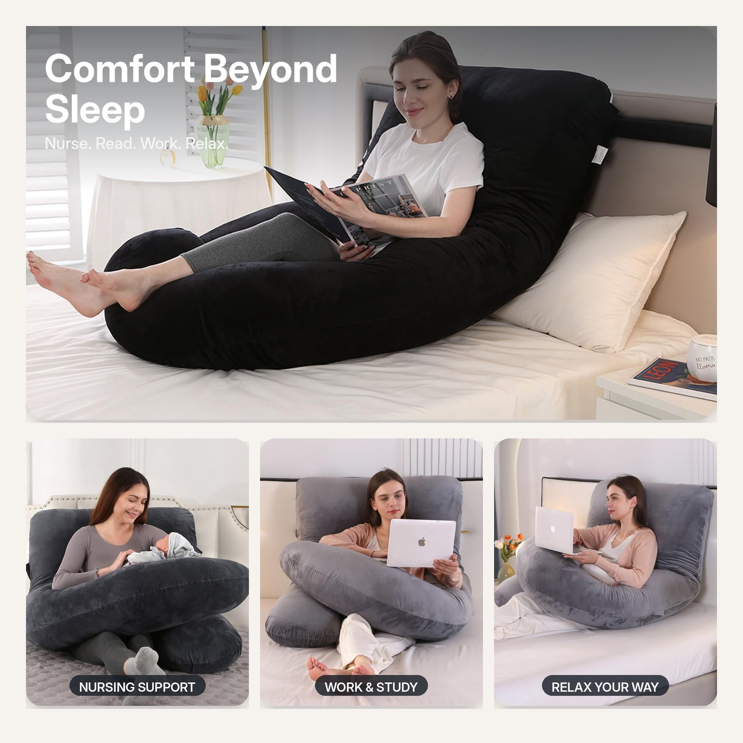 ALLOPERA Pregnancy Pillow, Full Body Maternity Pillow 57 inch, with Removable Washable Cover - Sleep Support for Legs, Back, Neck, Shoulder, HIPS, Belly, Velvet Cover-Grey-Dark Blue