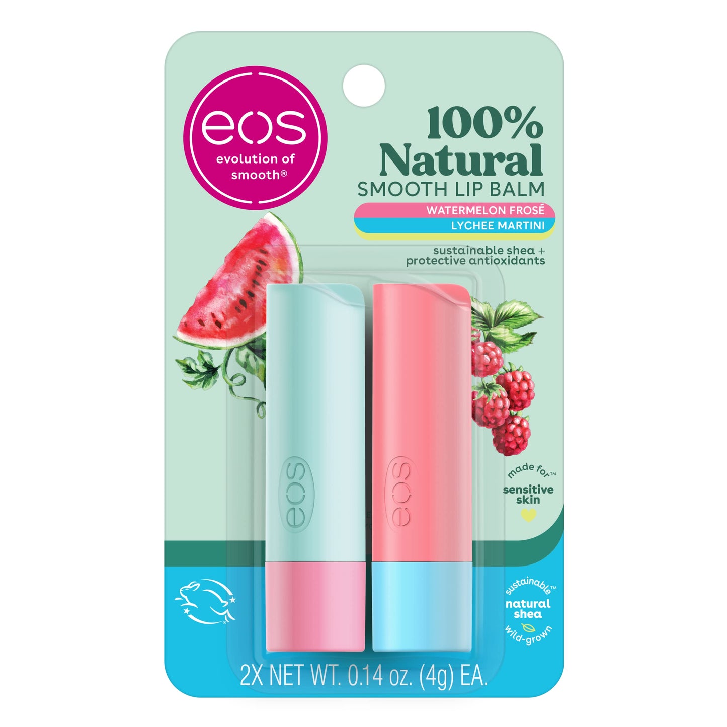 eos 100% Natural Lip Balm - Strawberry Sorbet and Pomegranate Raspberry, All-Day Moisture, Lip Care Products, 0.14 oz, 2-Pack