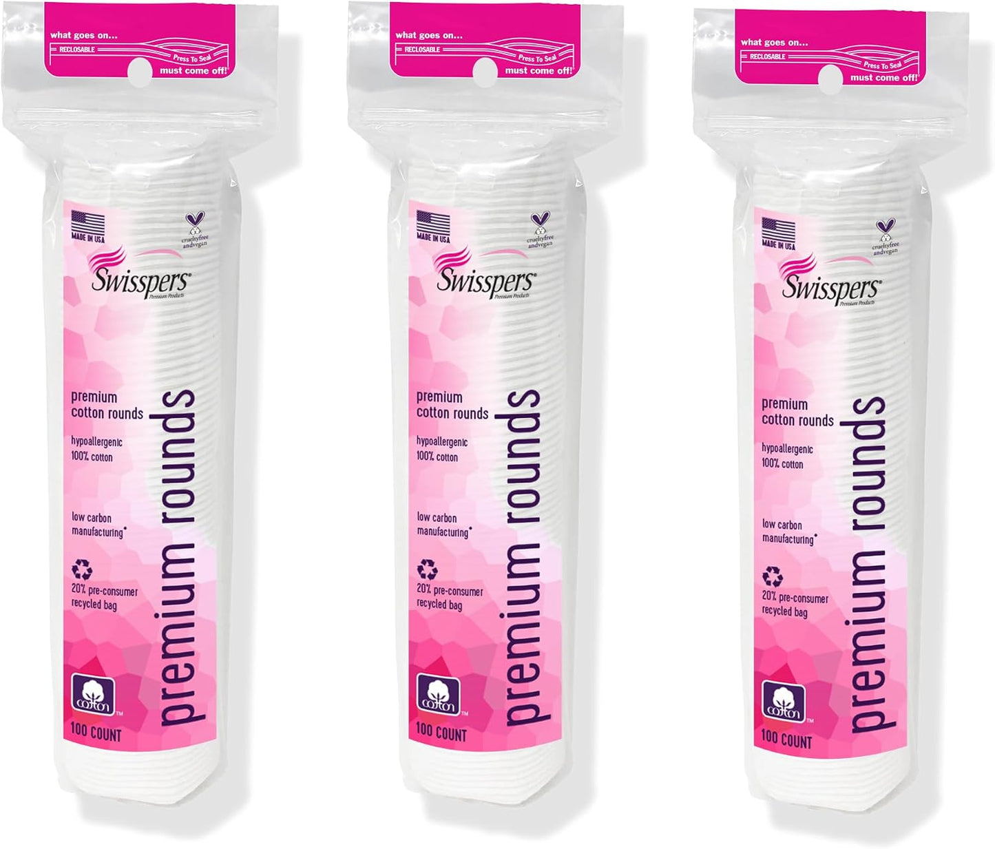 Swisspers Premium Cotton Rounds, Dual-Sided, 100 Count (Pack of 3)