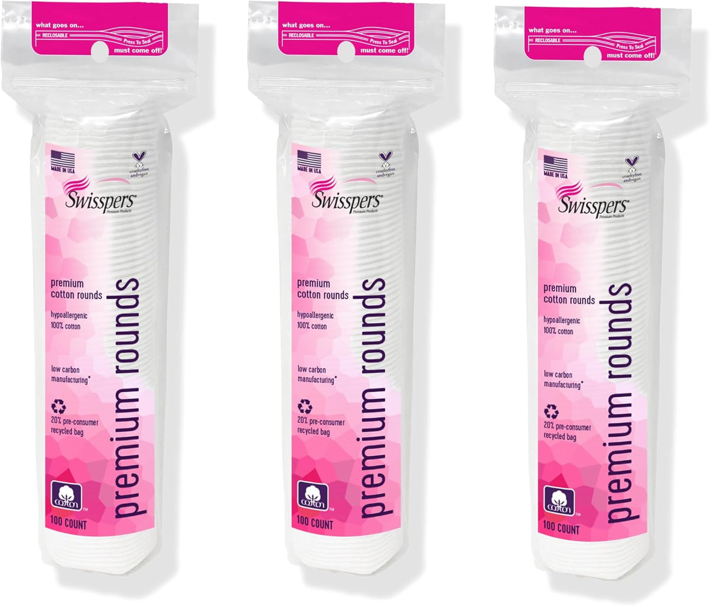 Swisspers Premium Cotton Rounds, Dual-Sided, 100 Count (Pack of 3)