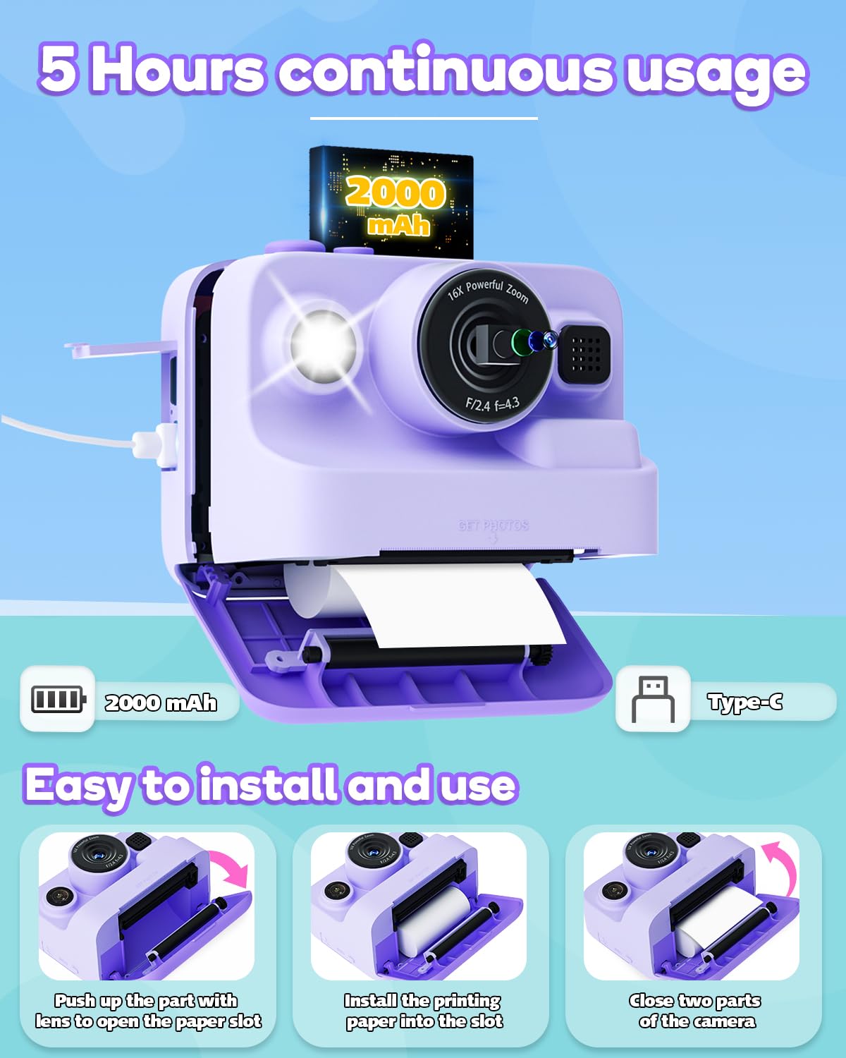 Dylanto Kids Camera Instant Print,1080P Kids Instant Cameras that Print Photos,Christmas Birthday Gifts for Girls Age 3-12,Portable Toy for 3 4 5 6 7 8 9 10 Year Old Girls Boys Pink