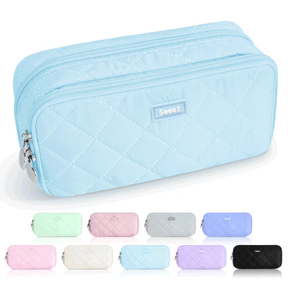 Sooez Large Pencil Case Pouch, Extra Big Pencil Bag with 8 Compartments, Pen Bag Wide Opening, Soft Quilted Pencil Pouch Organizer with Zipper, Portable Pencil Case for Teen Girls, Beige
