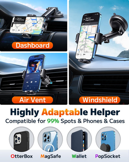 Qifutan Dash Mounted Holders Phone Holders for Your Car Phone Mount for Car Windshield Dashboard Air Vent Universal Desk Mounts Hands Free Automobile Cell Phone Holder Fit for iPhone Smartphone