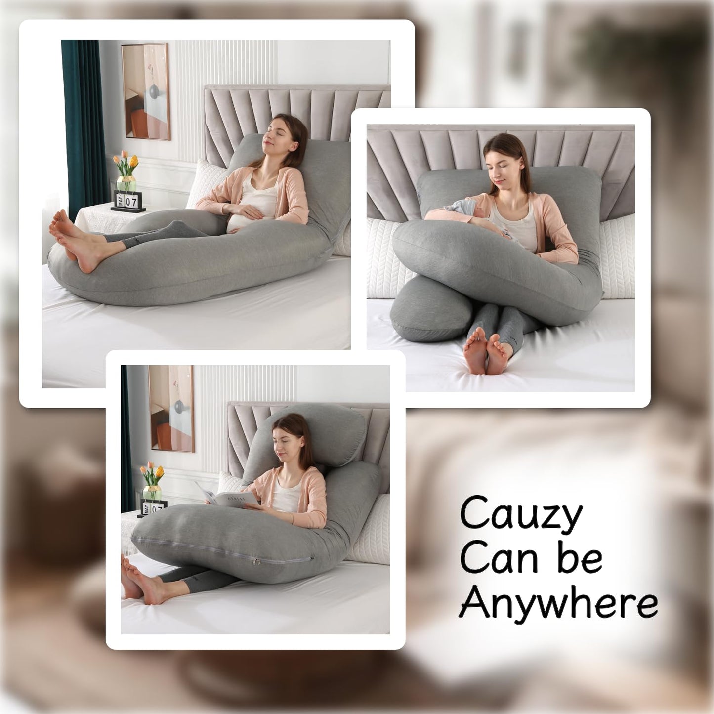 ALLOPERA Pregnancy Pillow, Full Body Maternity Pillow 57 inch, with Removable Washable Cover - Sleep Support for Legs, Back, Neck, Shoulder, HIPS, Belly, Velvet Cover-Grey-Dark Blue
