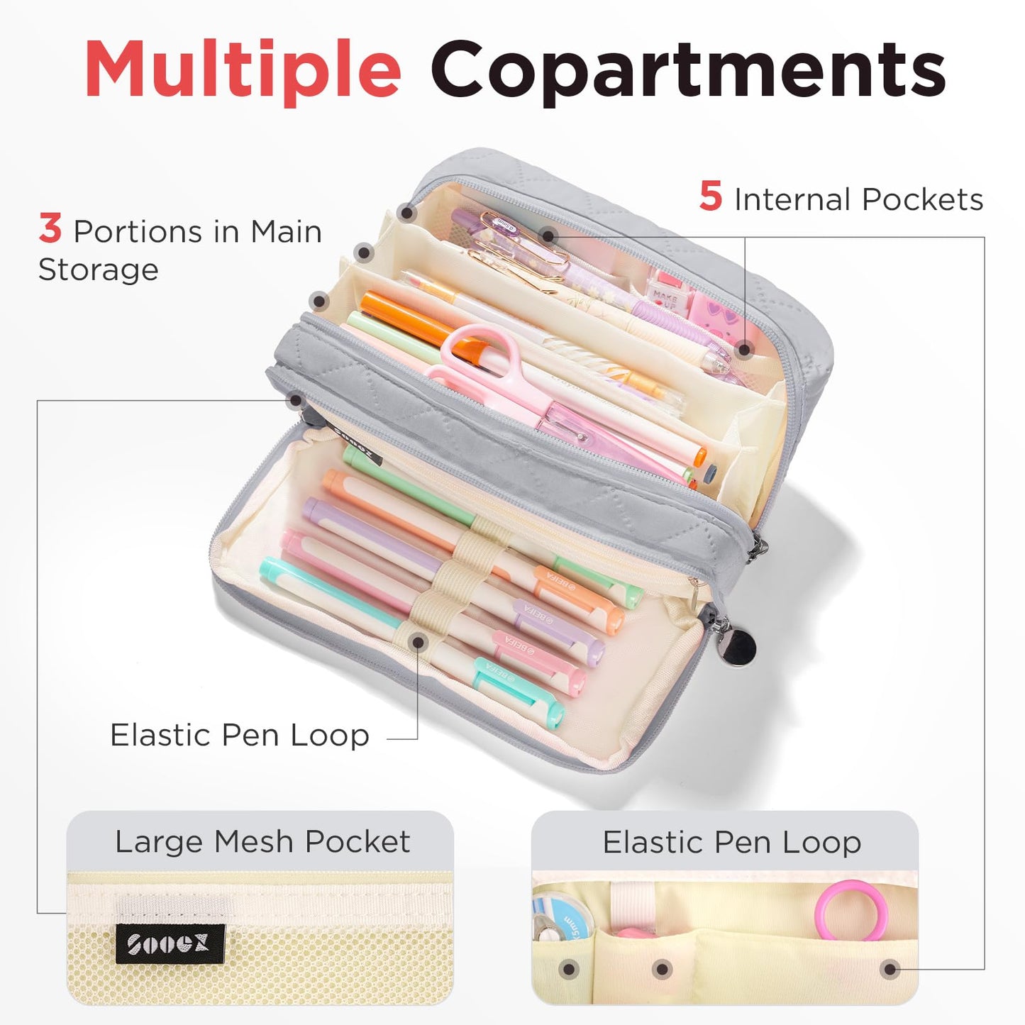 Sooez Large Pencil Case Pouch, Extra Big Pencil Bag with 8 Compartments, Pen Bag Wide Opening, Soft Quilted Pencil Pouch Organizer with Zipper, Portable Pencil Case for Teen Girls, Beige