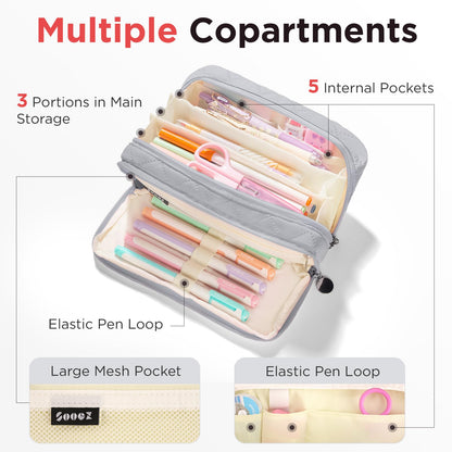 Sooez Large Pencil Case Pouch, Extra Big Pencil Bag with 8 Compartments, Pen Bag Wide Opening, Soft Quilted Pencil Pouch Organizer with Zipper, Portable Pencil Case for Teen Girls, Beige