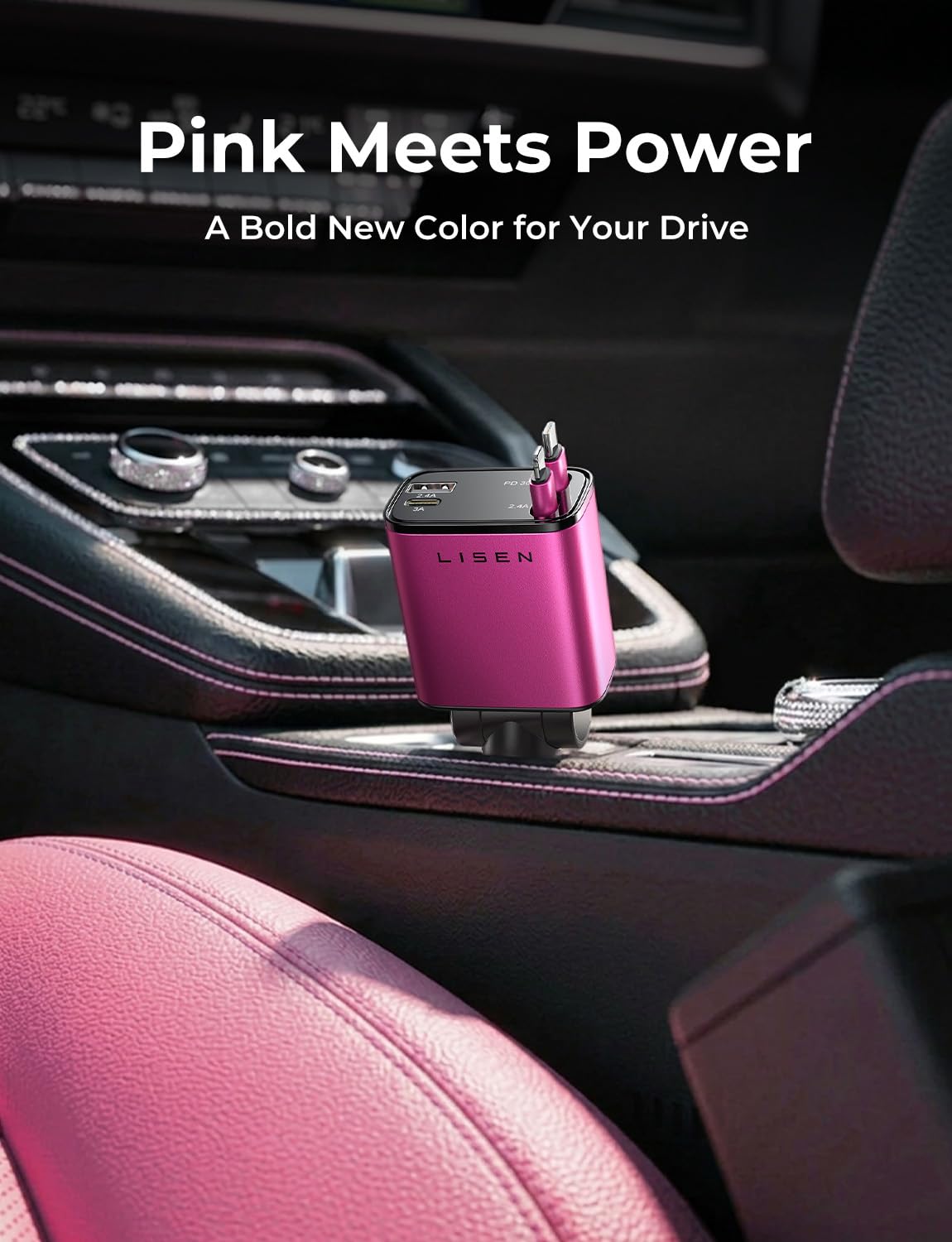 LISEN Retractable Car Charger, 84W Car Charger USB C Fast Charge, 4 in 1