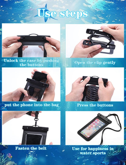 Waterproof Phone Pouch,2 Pack Black White Phone Waterproof Case,Cell Phone Dry Bag,Protection Level: IP68,Beach Cruise for Apple iPhone,Samsung,and More,Lanyard Included,(Fits Up to 8.3”),Black,White