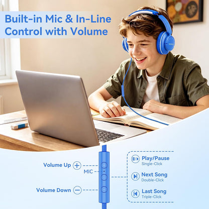 Wired Headphones with Mic, 3.5mm Headphones Volume Control for School Blue