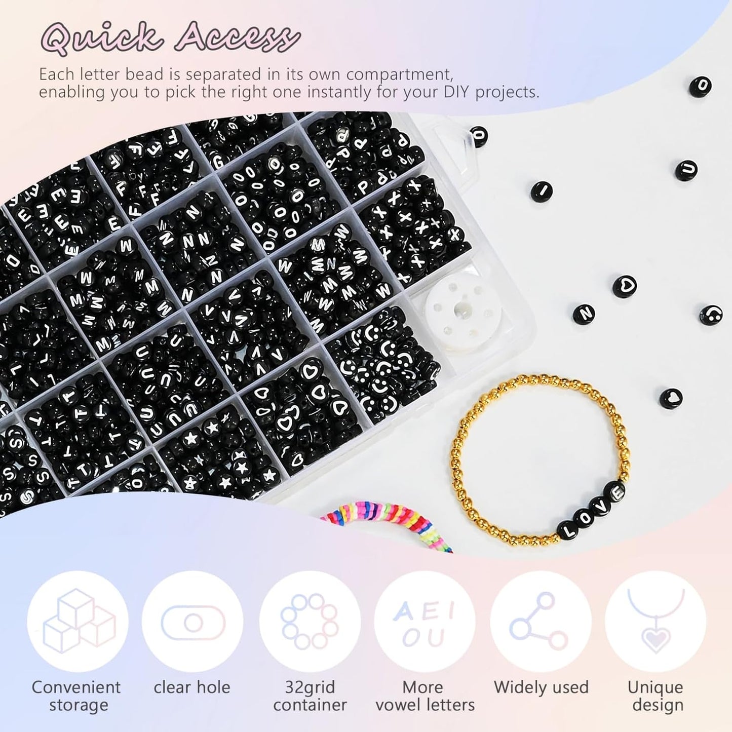 Looconi 810pcs Gold Letter Beads Square 6x6mm White Cube Acrylic Alphabet A-Z with Heart Pattern and Crystal Line for Jewelry Making