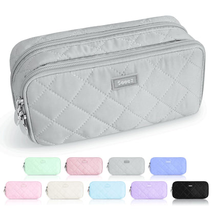 Sooez Large Pencil Case Pouch, Extra Big Pencil Bag with 8 Compartments, Pen Bag Wide Opening, Soft Quilted Pencil Pouch Organizer with Zipper, Portable Pencil Case for Teen Girls, Beige