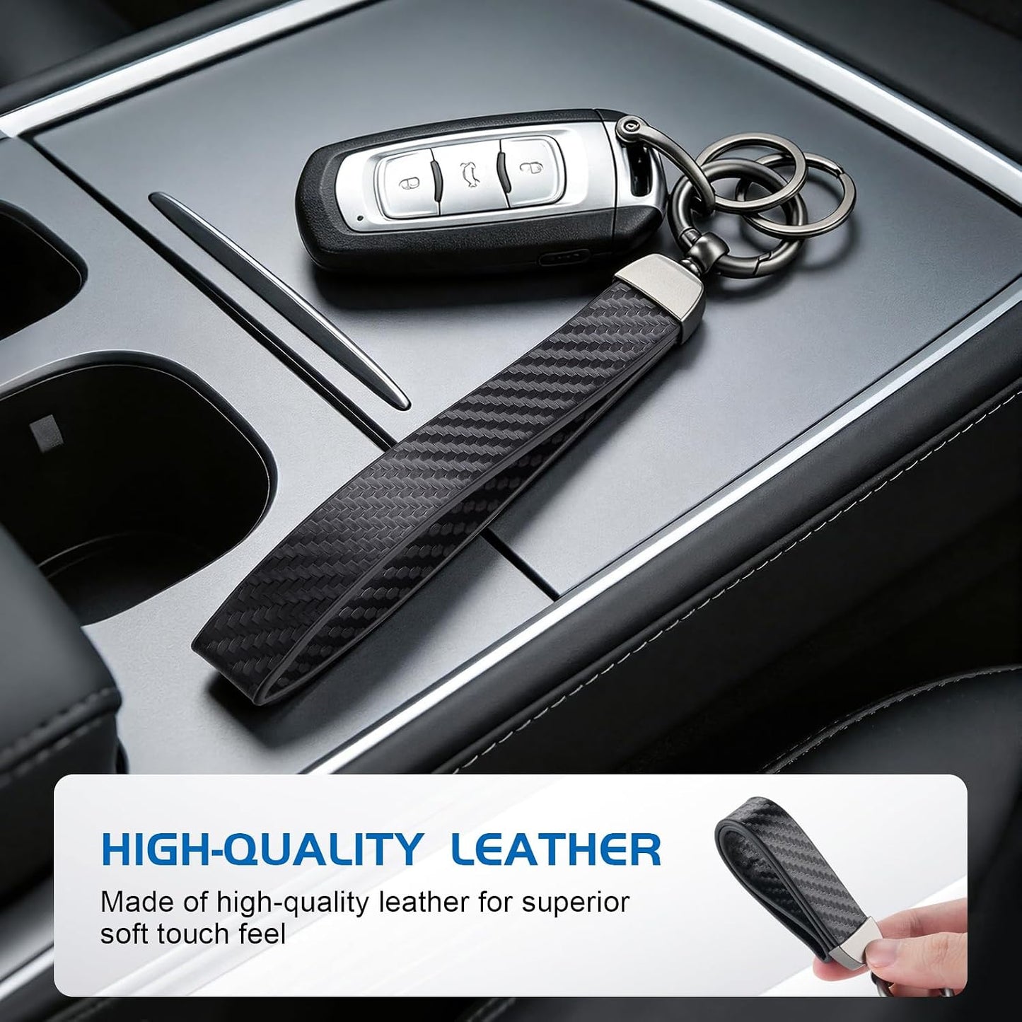JUSTTOP Leather Keychain, Carbon Fiber Car Key Chain with Anti-Lost D-Ring and 2 Key Ring, Keychain Wristlet, Car Accessories, Universal Keychain for Men and Women (Black)
