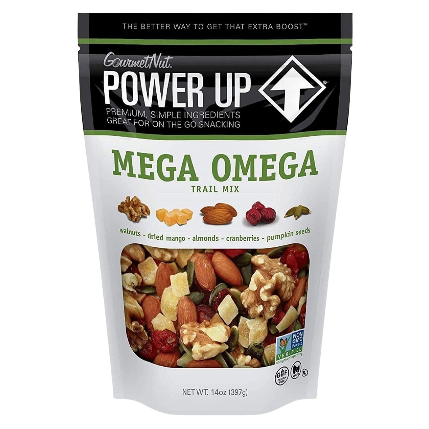 Power Up Trail Mix, Mega Omega Trail Mix, Non-GMO, Vegan, Gluten Free, No Artificial Ingredients, Gourmet Nut, 14 Ounce Bag