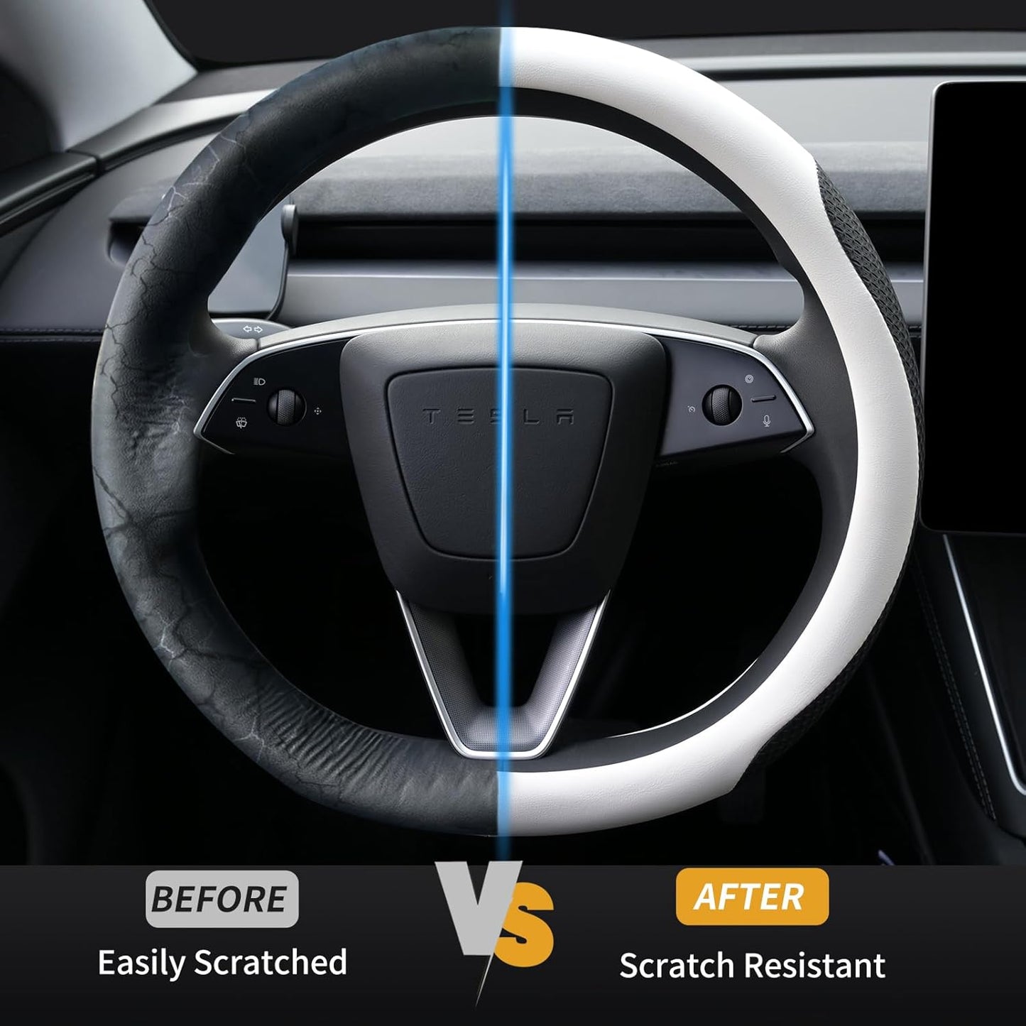 Uxcer Nappa Leather Steering Wheel Cover Compatible with Tesla Model 3/Y 2016-2025 2026 Juniper/Highland, Non-Slip Breathable Tesla Model 3/Y Steering Wheel Protector, White