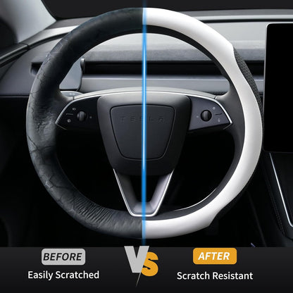 Uxcer Nappa Leather Steering Wheel Cover Compatible with Tesla Model 3/Y 2016-2025 2026 Juniper/Highland, Non-Slip Breathable Tesla Model 3/Y Steering Wheel Protector, White