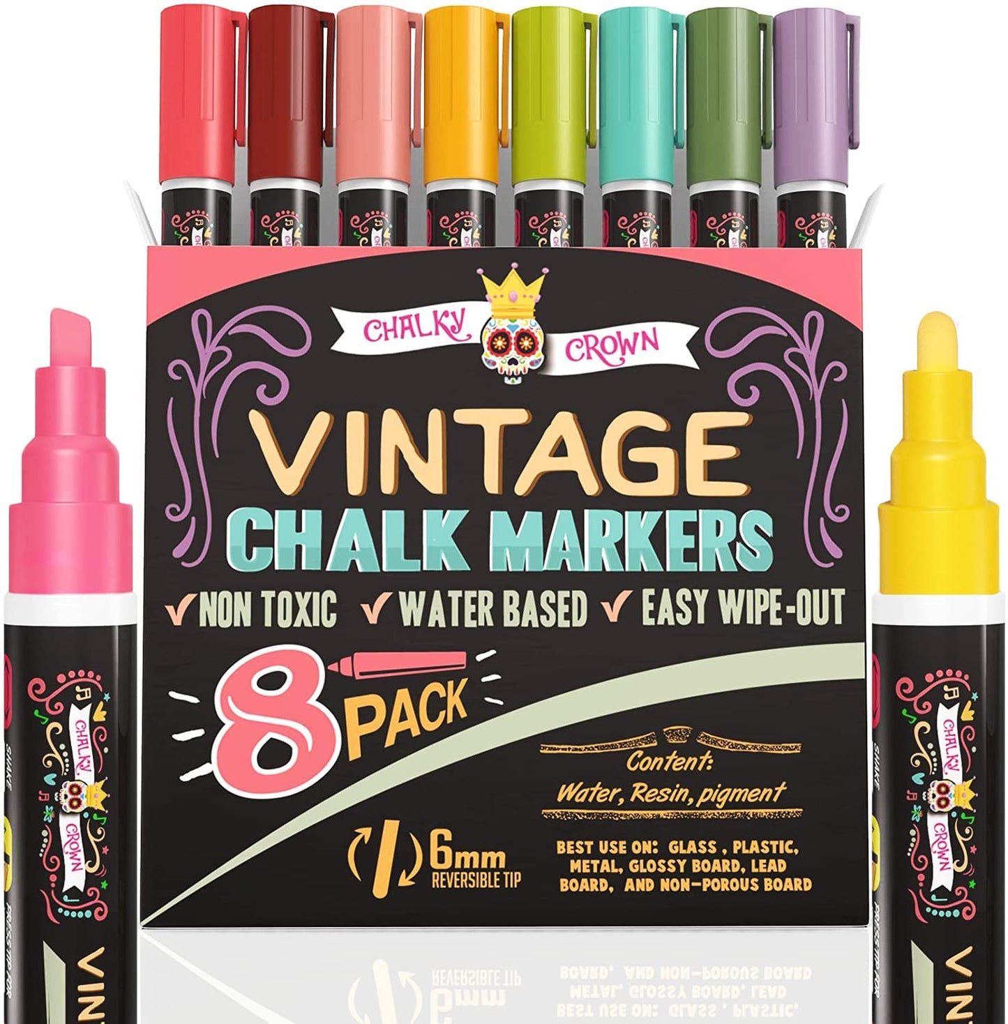 CHALKY CROWN Liquid Chalk Markers - Bold Chalkboard Markers - 8 Pack, 6mm
