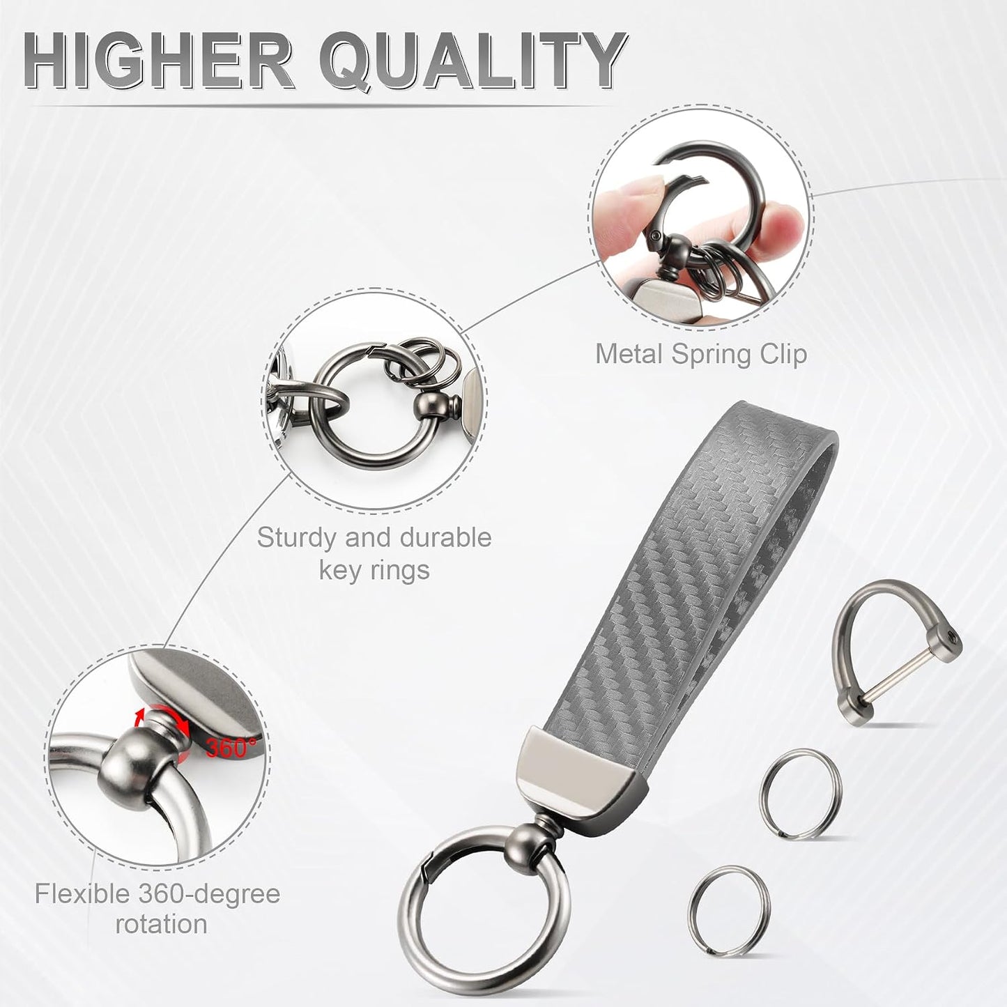 JUSTTOP Leather Keychain, Carbon Fiber Car Key Chain with Anti-Lost D-Ring and 2 Key Ring, Keychain Wristlet, Car Accessories, Universal Keychain for Men and Women (Black)