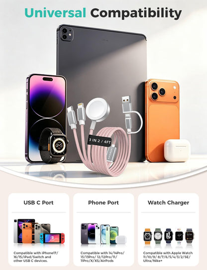 2026 Travel Essentials for Apple Watch Charger,Cruise Vacation Camping Essentials,iPhone Charger,Multi Charging Cable,3 in 2 Charging Docks for iWatch Series 11-2/Ultra,iPhone 17-12,Car