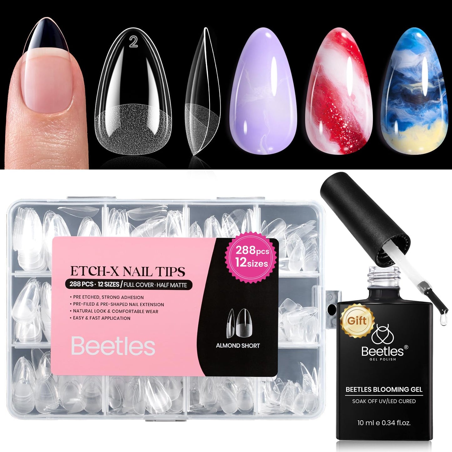 Beetles Soft Gel Nail Tips Short Almond 288pcs in 12 Sizes Etch-X