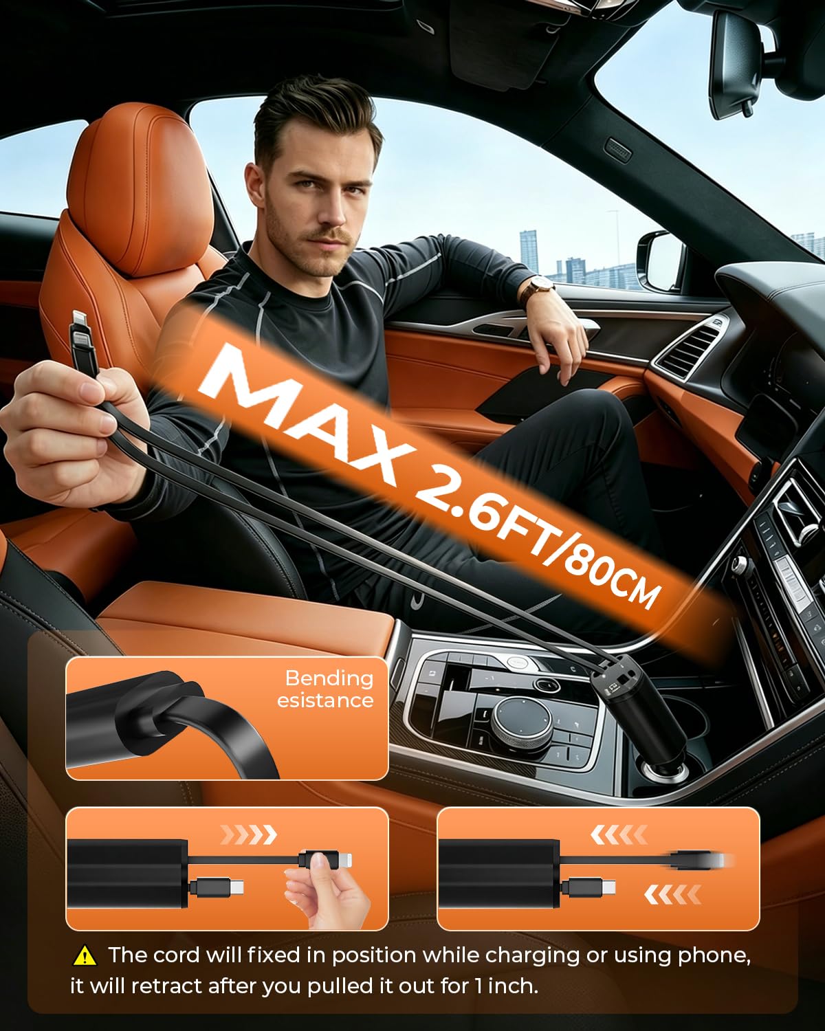 Retractable Car Charger, 4-in-1 Fast Charger with USB-C & USB-A