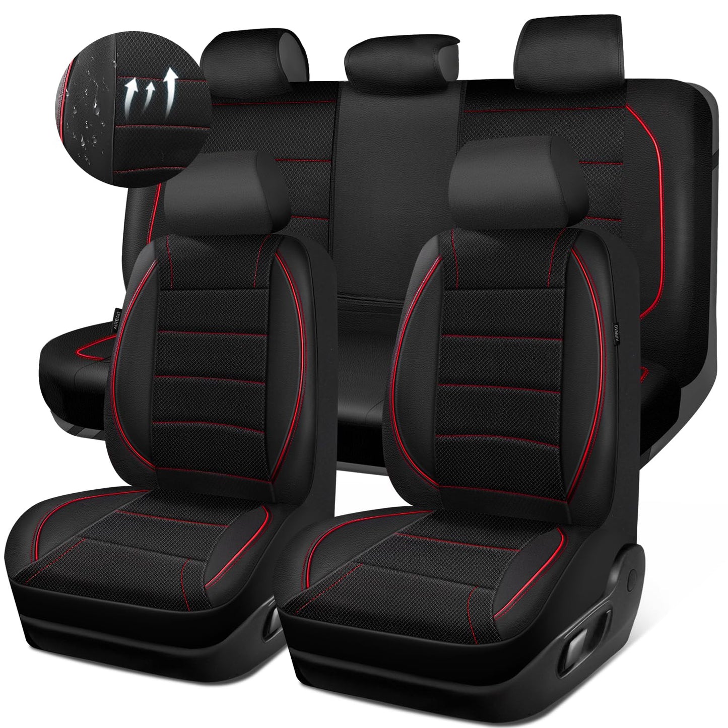 CAR PASS Universal FIT Piping Leather Car Seat Cover, for suvs,Van,Trucks,Airbag Compatible,Inside Zipper Design and Reserved Opening Holes (Full Set, Black and Red)