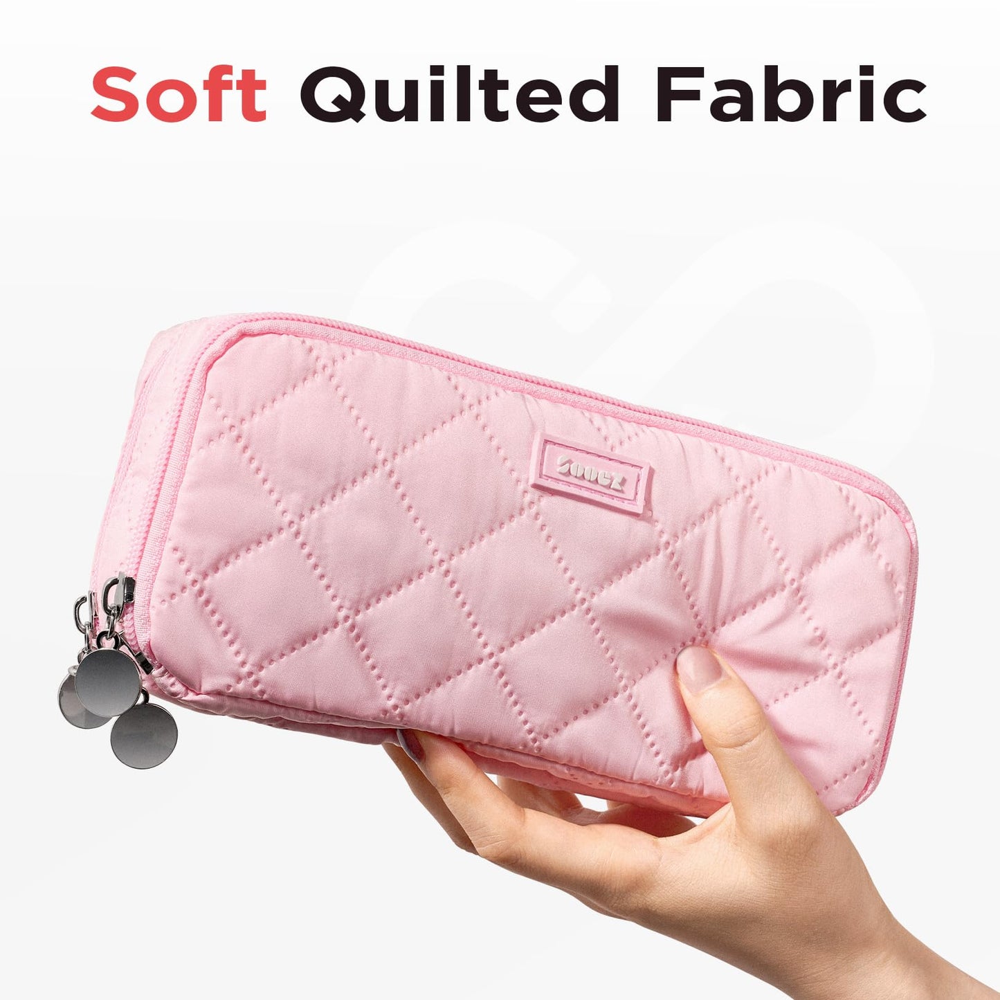 Sooez Large Pencil Case Pouch, Extra Big Pencil Bag with 8 Compartments, Pen Bag Wide Opening, Soft Quilted Pencil Pouch Organizer with Zipper, Portable Pencil Case for Teen Girls, Beige