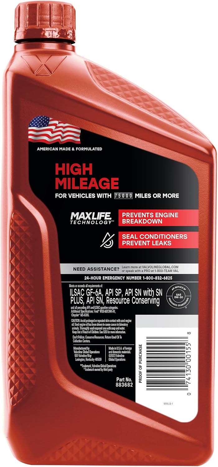 Valvoline MaxLife High Mileage 5W-30 Synthetic Blend Motor Oil 5 Quart
