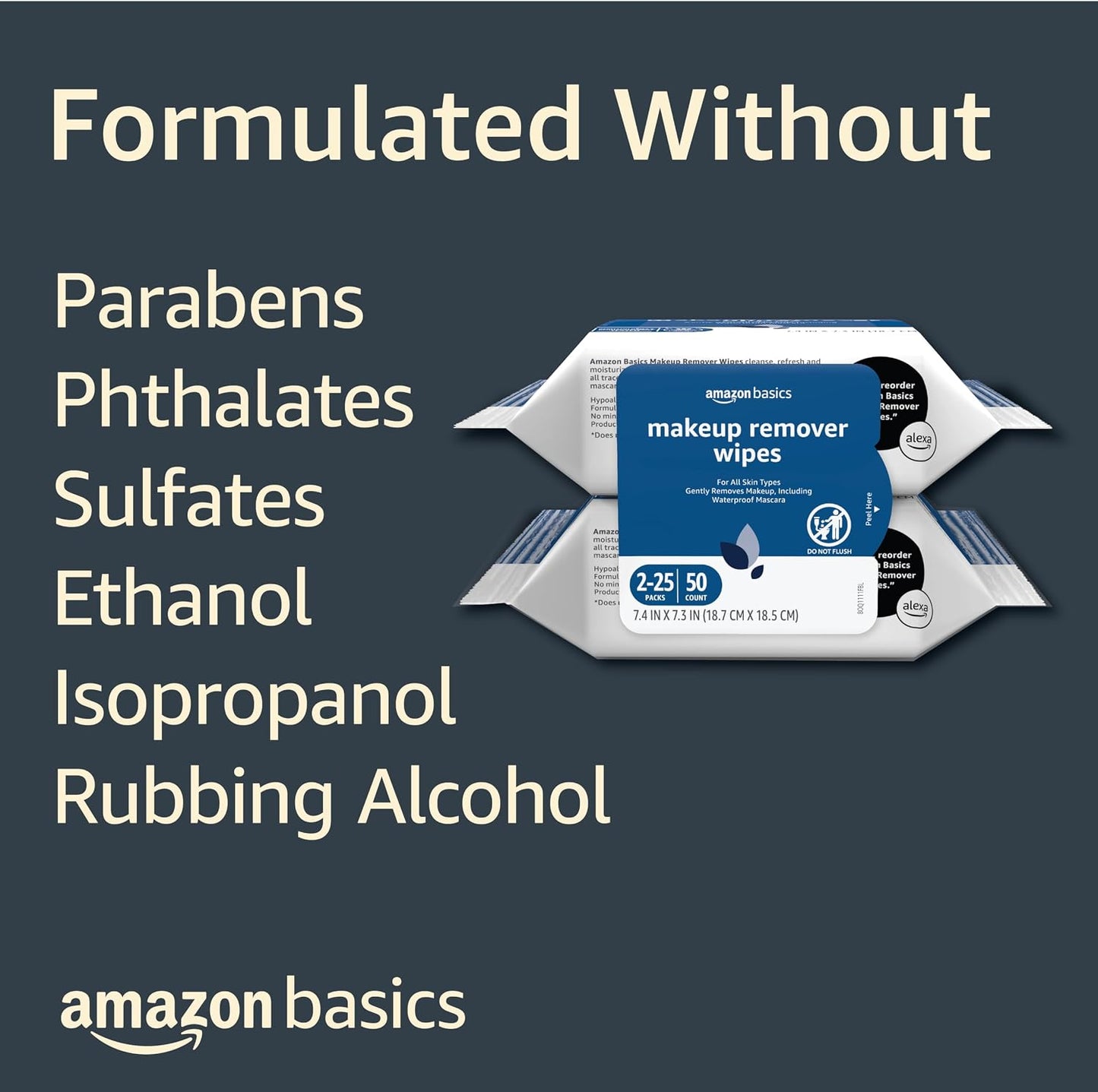 Amazon Basics Makeup Remover Wipes, Fragrance-Free, Alcohol-Free, Gentle Cleansing, Plant-Based, Dermatologist Tested, Removes Waterproof Mascara, Resealable, 25 Count, 1-Pack