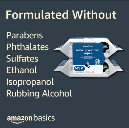 Amazon Basics Makeup Remover Wipes, Fragrance-Free, Alcohol-Free, Gentle Cleansing, Plant-Based, Dermatologist Tested, Removes Waterproof Mascara, Resealable, 25 Count, 1-Pack