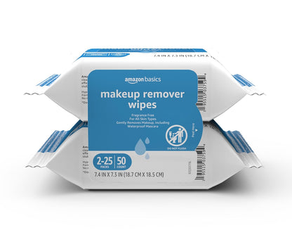 Amazon Basics Makeup Remover Wipes, Fragrance-Free, Alcohol-Free, Gentle Cleansing, Plant-Based, Dermatologist Tested, Removes Waterproof Mascara, Resealable, 25 Count, 1-Pack