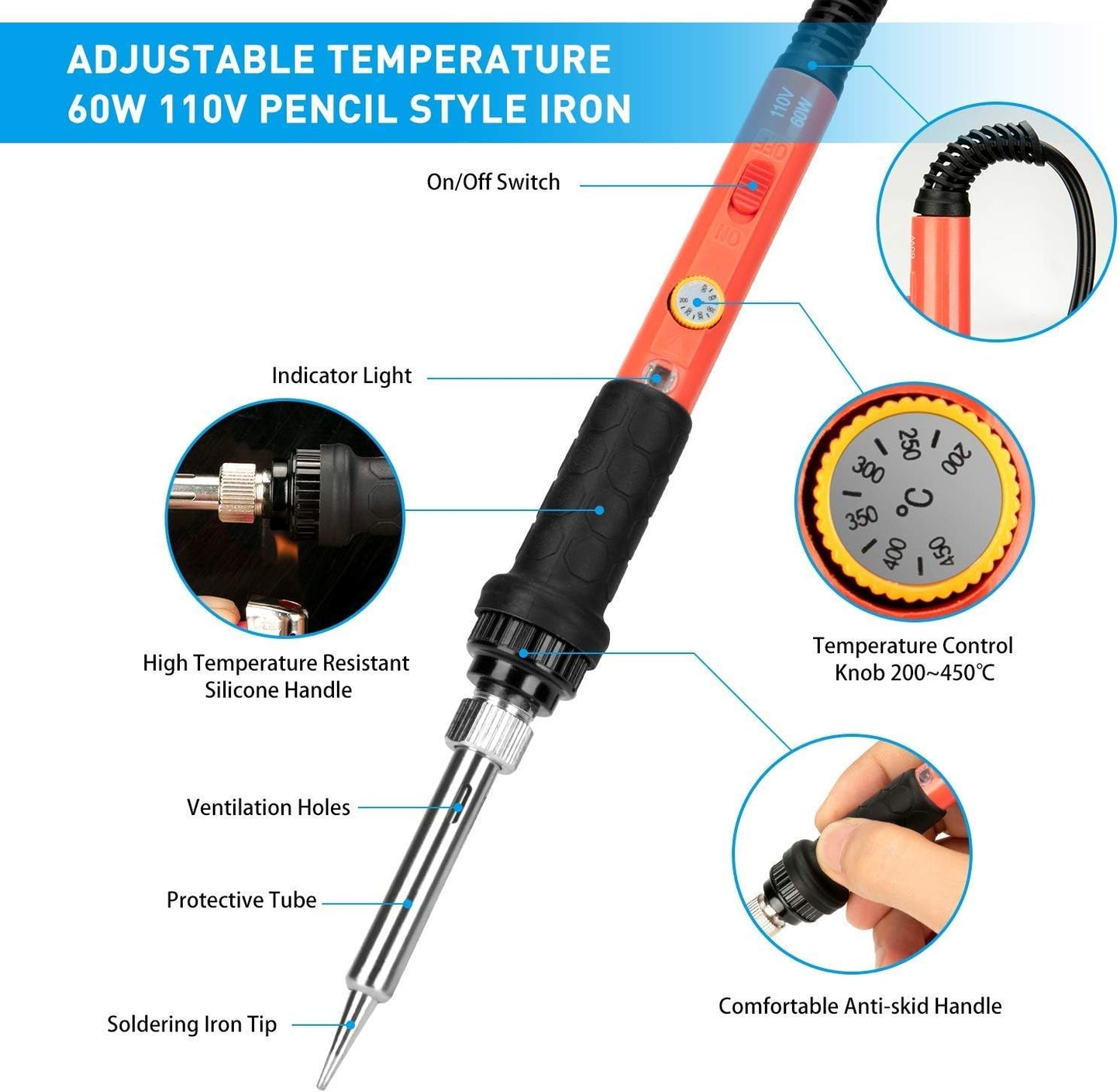 Soldering Iron, 60W 110V Adjustable Temperature Soldering Iron Pen, Portable Welding Tool, Fast Heating, for Electronic Repair, Jewelry, DIY