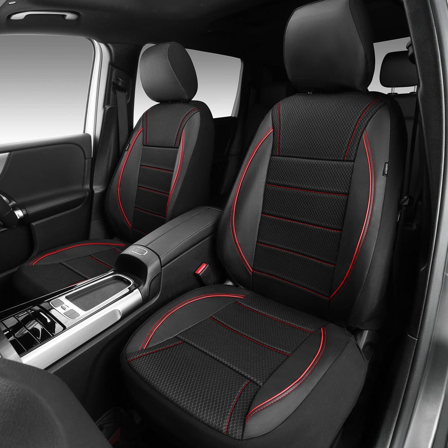 CAR PASS Universal FIT Piping Leather Car Seat Cover, for suvs,Van,Trucks,Airbag Compatible,Inside Zipper Design and Reserved Opening Holes (Full Set, Black and Red)