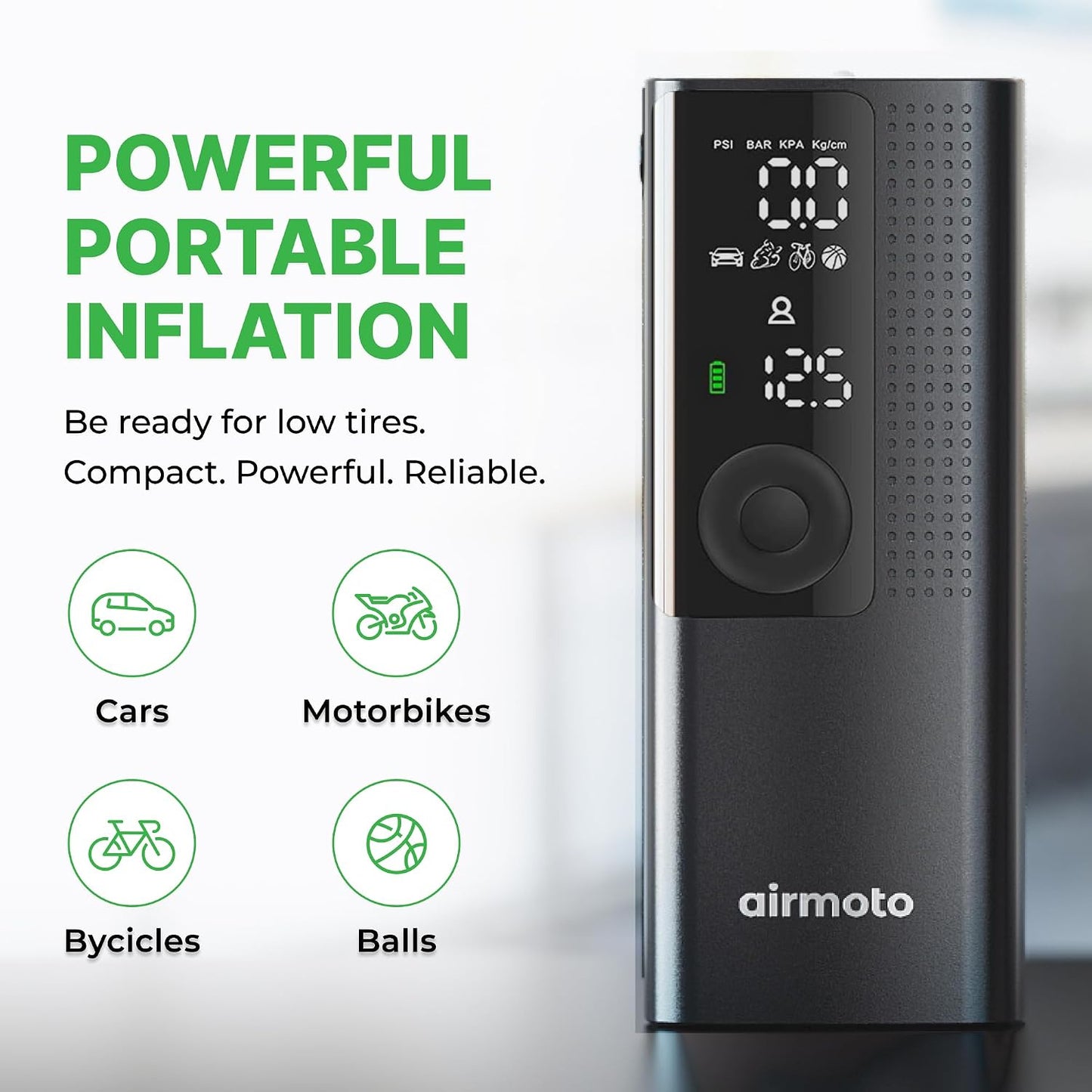 Airmoto Tire Inflator Portable Air Compressor for Cars, Bikes and Bicycles