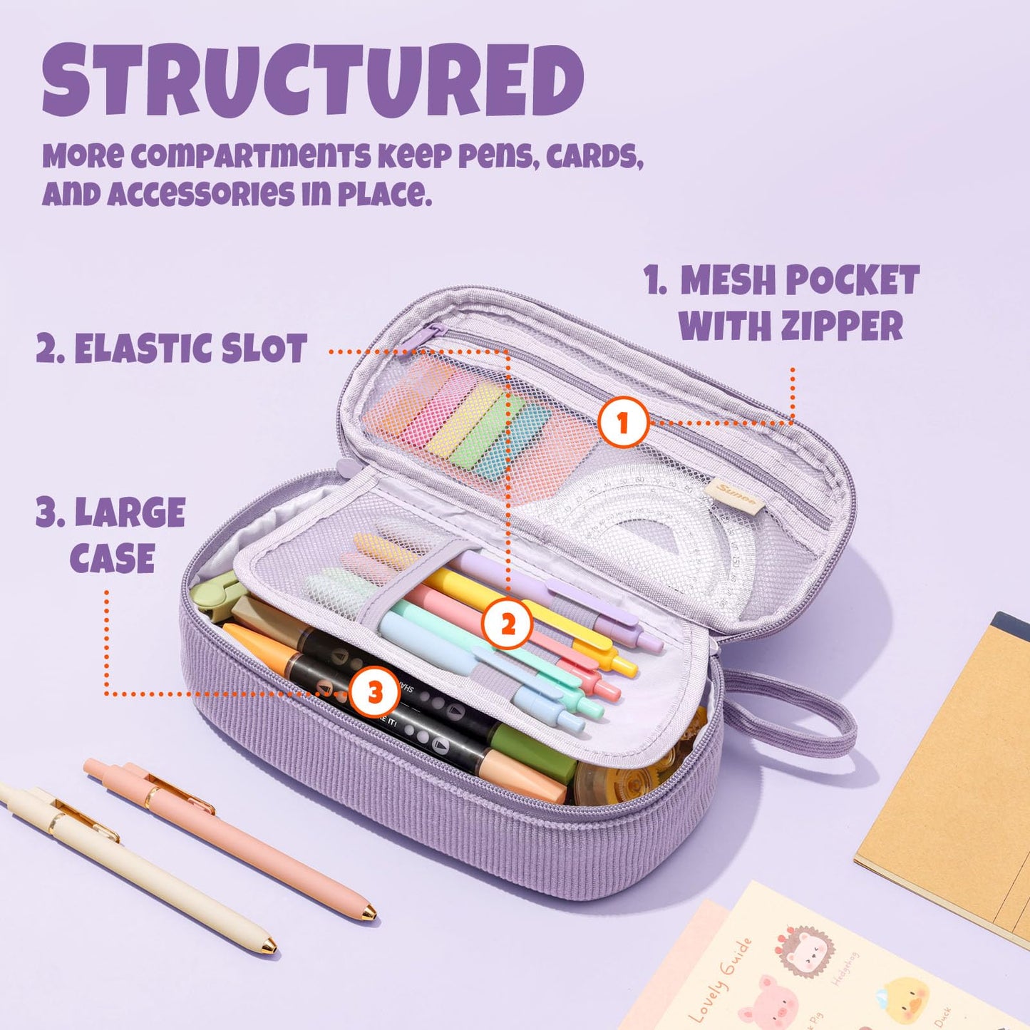 SUNEE Cute Pencil Case, Soft Corduroy Large Capacity Pencil Pouch, Aesthetic Zipper Pencil Bag, Big Storage Pen Organizer for Stationery, Pencil Box Back to School Supplies for Teen Girls Boys, Beige