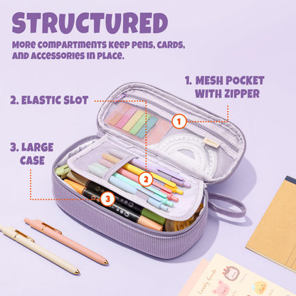 SUNEE Cute Pencil Case, Soft Corduroy Large Capacity Pencil Pouch, Aesthetic Zipper Pencil Bag, Big Storage Pen Organizer for Stationery, Pencil Box Back to School Supplies for Teen Girls Boys, Beige