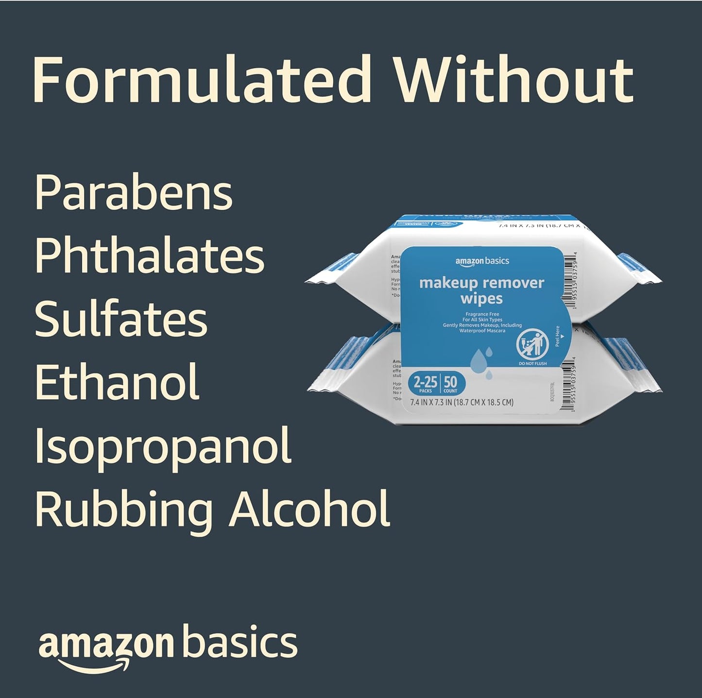 Amazon Basics Makeup Remover Wipes, Fragrance-Free, Alcohol-Free, Gentle Cleansing, Plant-Based, Dermatologist Tested, Removes Waterproof Mascara, Resealable, 25 Count, 1-Pack