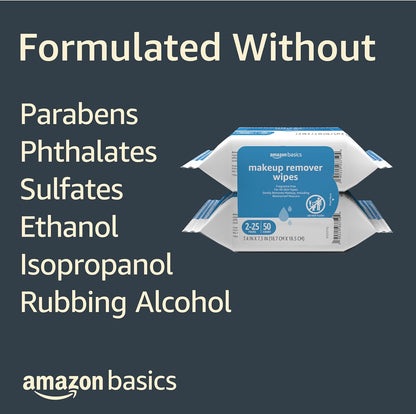 Amazon Basics Makeup Remover Wipes, Fragrance-Free, Alcohol-Free, Gentle Cleansing, Plant-Based, Dermatologist Tested, Removes Waterproof Mascara, Resealable, 25 Count, 1-Pack