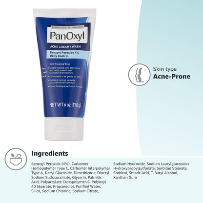 PanOxyl Antimicrobial Acne Creamy Wash, 4% Benzoyl Peroxide, 6 Ounce