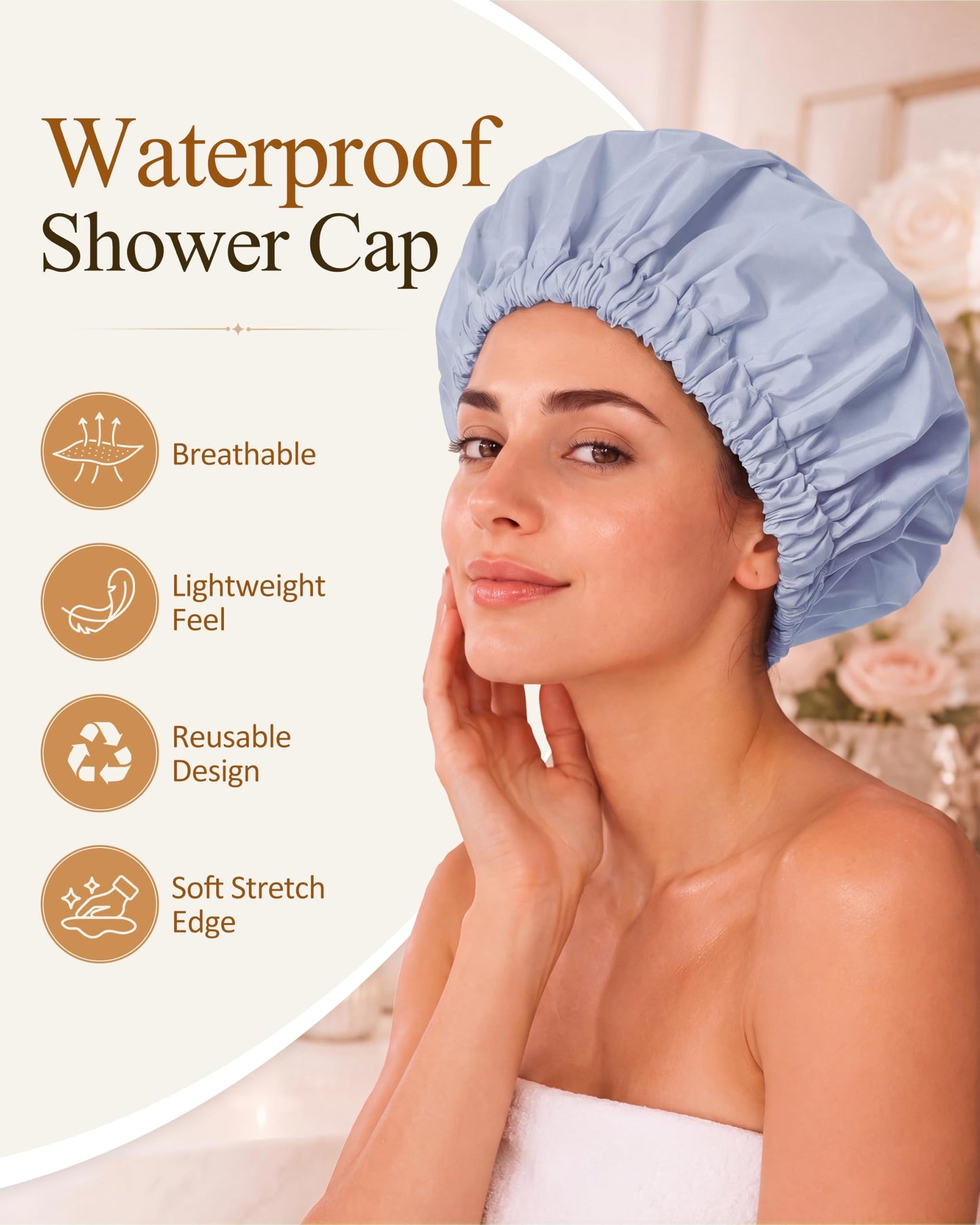 Edoneery Shower Caps for Women Reusable Waterproof, Shower Hair Cap