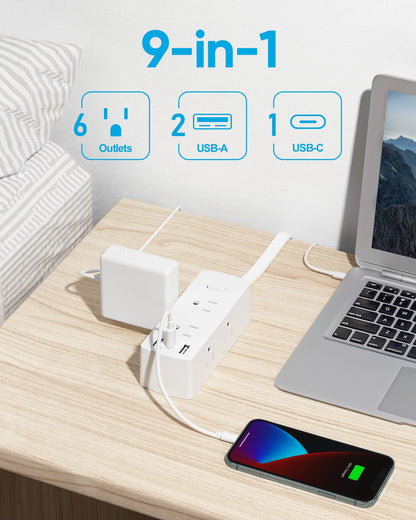 Olcorife Flat Plug Power Strip with 5 FT Extension Cord, 6 Outlets 3 USB Ports(1 USB C), 3 Sided Outlet Extender for Home Office Travel Dorm Room Essentials, White