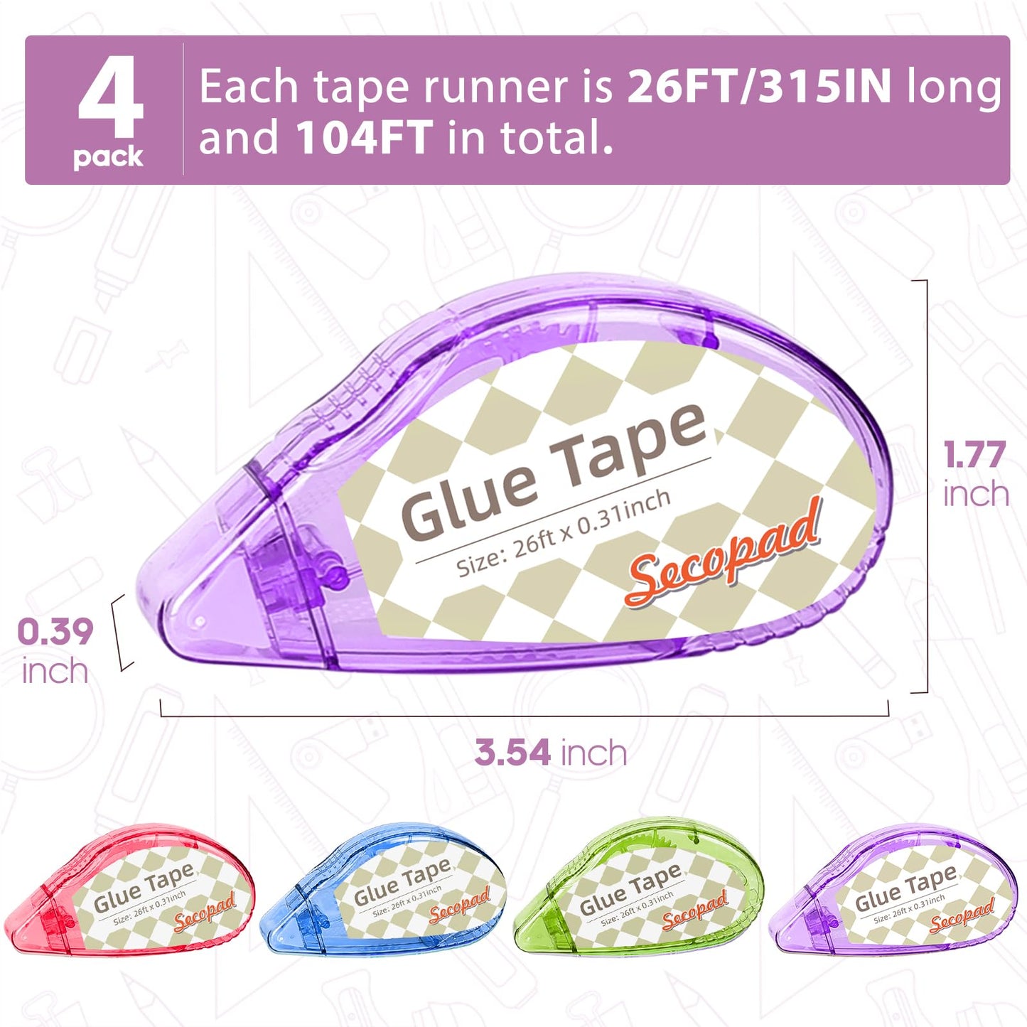 Secopad Scrapbook Tape, Glue Tape for Crafts, 4 Pack, Light-Colored Shell