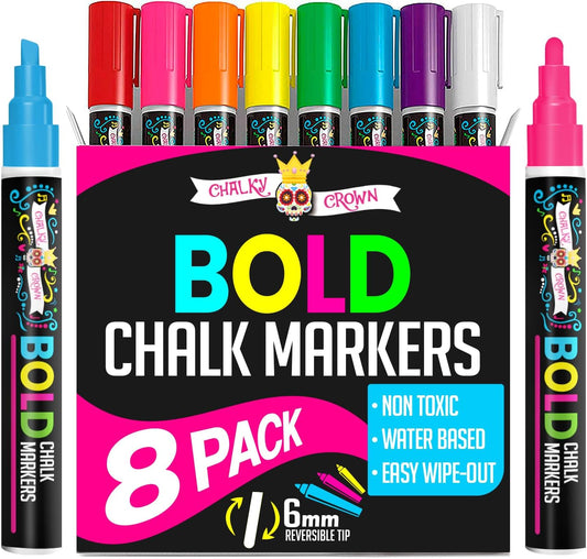 CHALKY CROWN Liquid Chalk Markers - Bold Chalkboard Markers - 8 Pack, 6mm