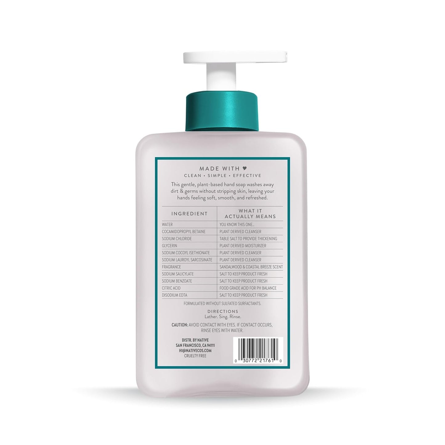 Native Liquid Hand Soap, Toasted Vanilla & Honey Scent, Non-Drying Formula for Soft, Smooth Hands, Made with Plant-Based Cleansers, Sulfate & Paraben Free, 13 oz Bottle