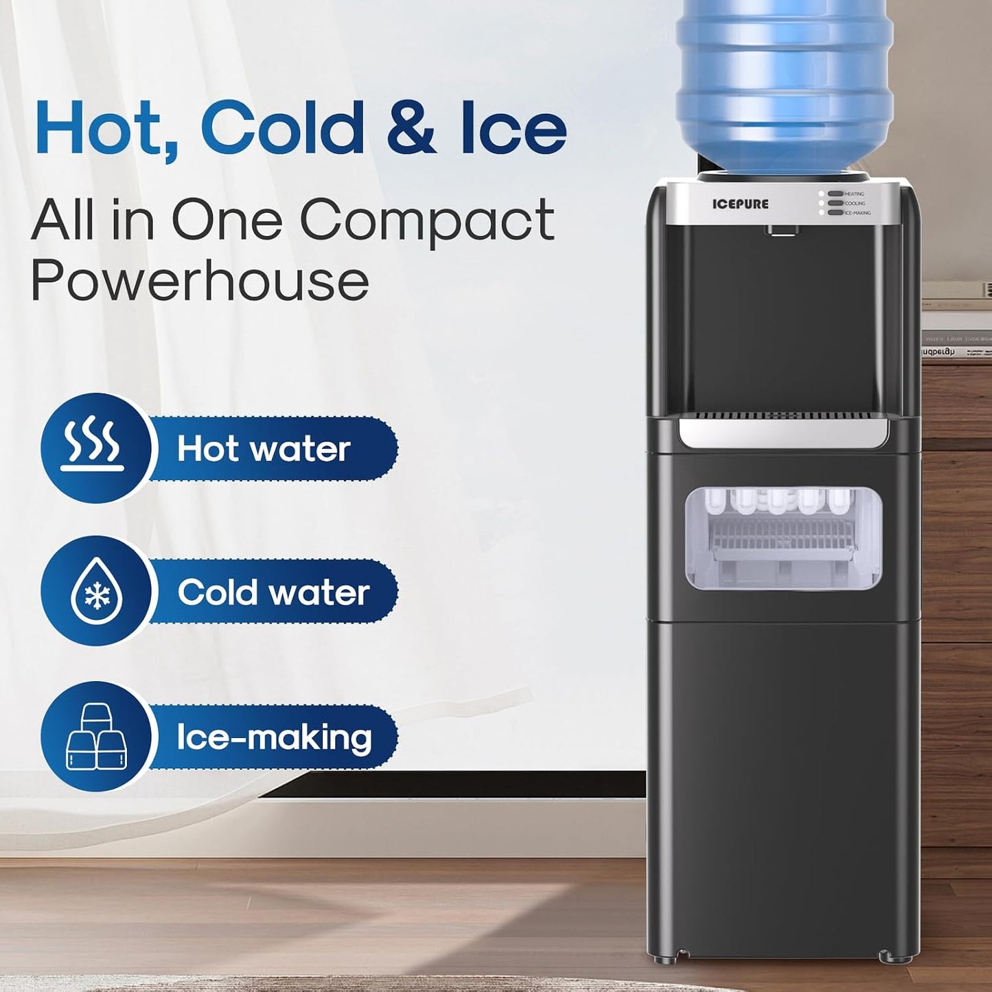 ICEPURE Water Cooler Dispenser with Built-in Ice Maker, 33lbs/24H