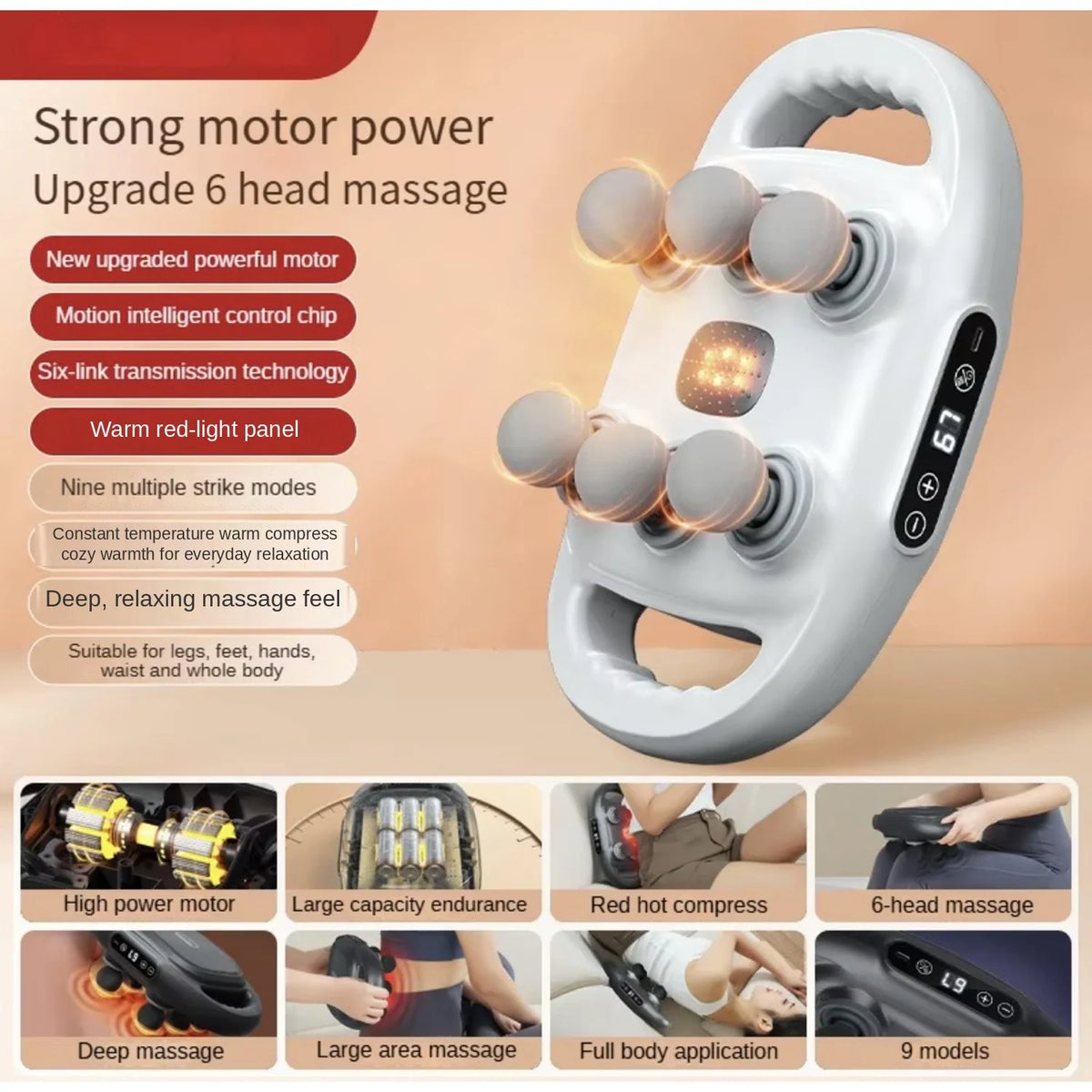 Cordless 6-Head Back Massager – Handheld, 9 Modes, Rechargeable & Portable