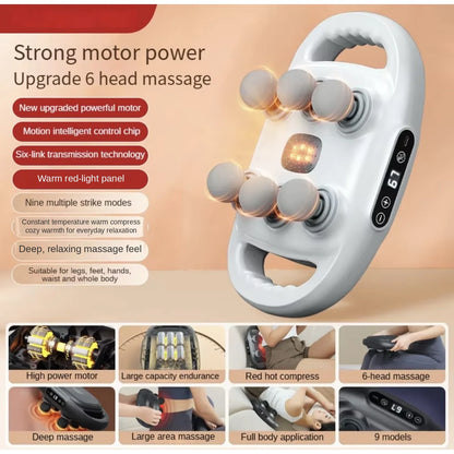 Cordless 6-Head Back Massager – Handheld, 9 Modes, Rechargeable & Portable